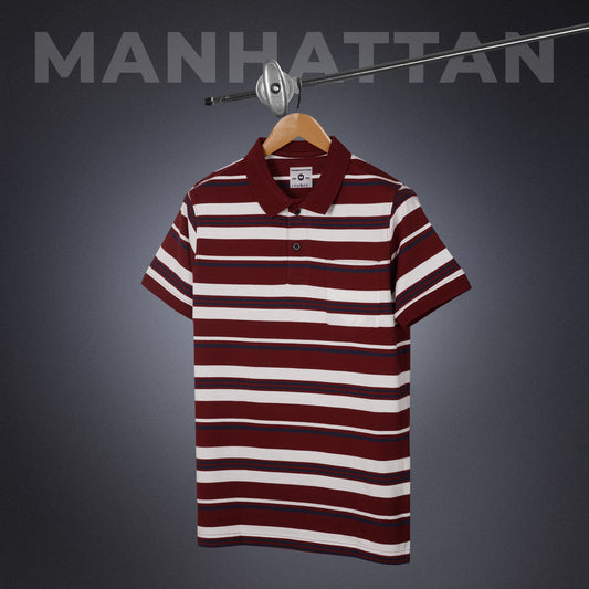 Pure Cotton Multi Striped Polo Pocket (Maroon/Navy/White Stripes)