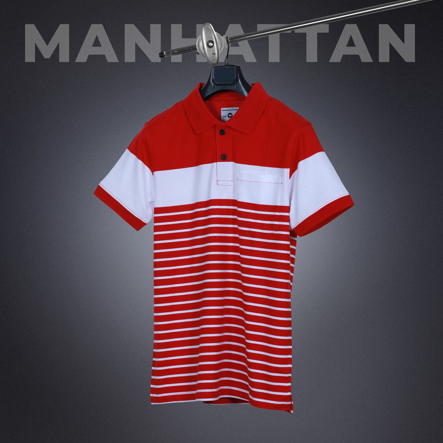 Pure Cotton Pin Stripes Polo Pocket (Red/White Stripes)