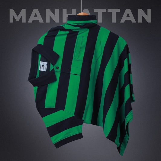 Pure Cotton Stripes Polo Pocket T Shirts (Green/Navy Stripes)