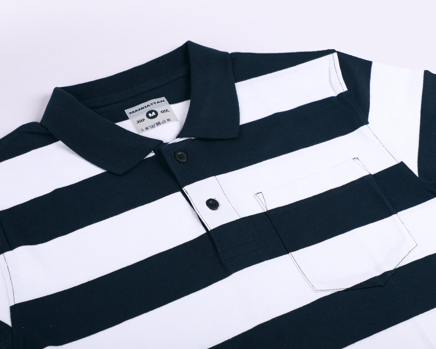 Pure Cotton Stripes Polo Pocket (White/Navy Stripes)