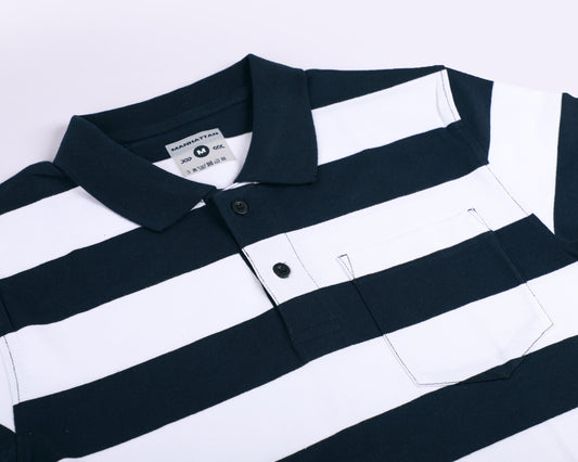 Pure Cotton Striped Polo Pocket (White/Navy Stripes)