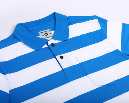 Pure Cotton Striped Polo Pocket (White/Blue Stripes)