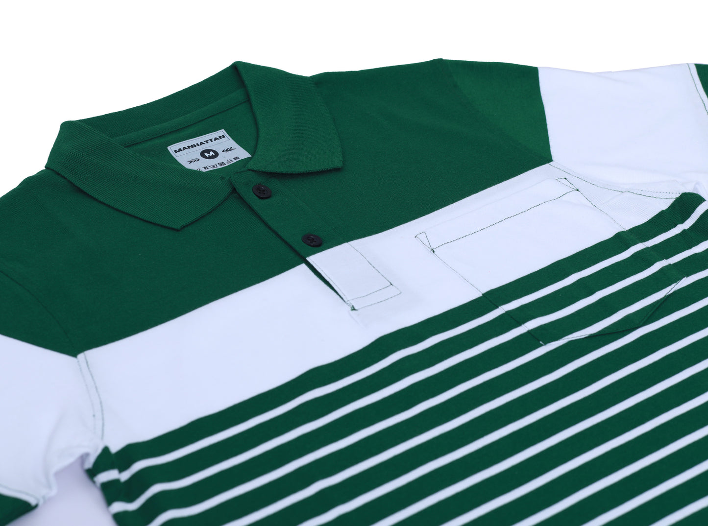 Pure Cotton Pin Stripes Polo Pocket (Green/White Stripes)