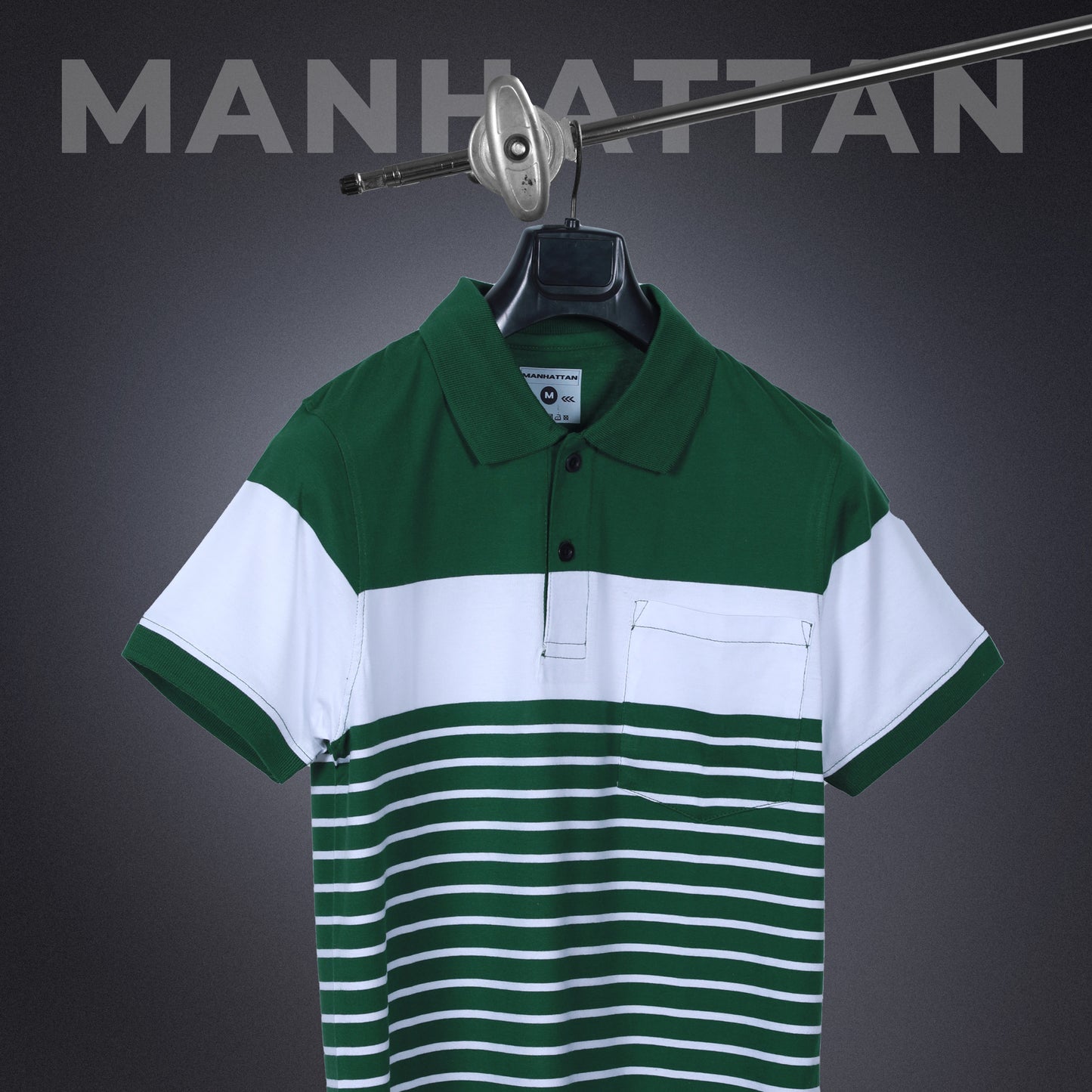 Pure Cotton Pin Stripes Polo Pocket (Green/White Stripes)