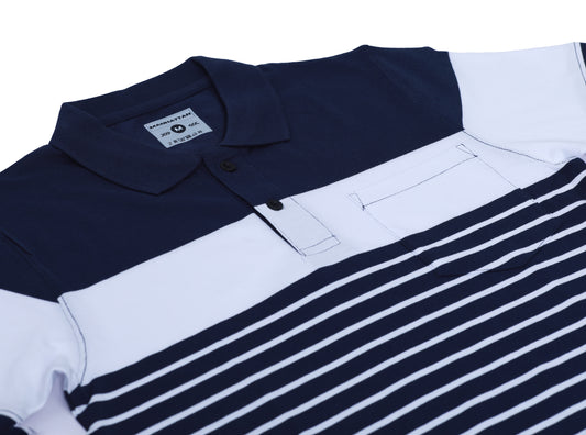 Pure Cotton Pin Striped Polo Pocket (Navy/White Stripes)