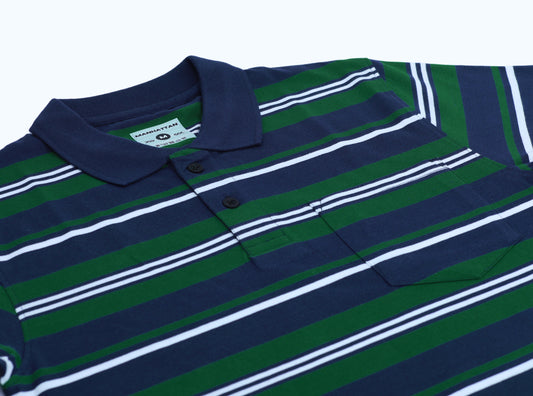 Pure Cotton Multi Striped Polo Pocket (Navy/Green/White Stripes)