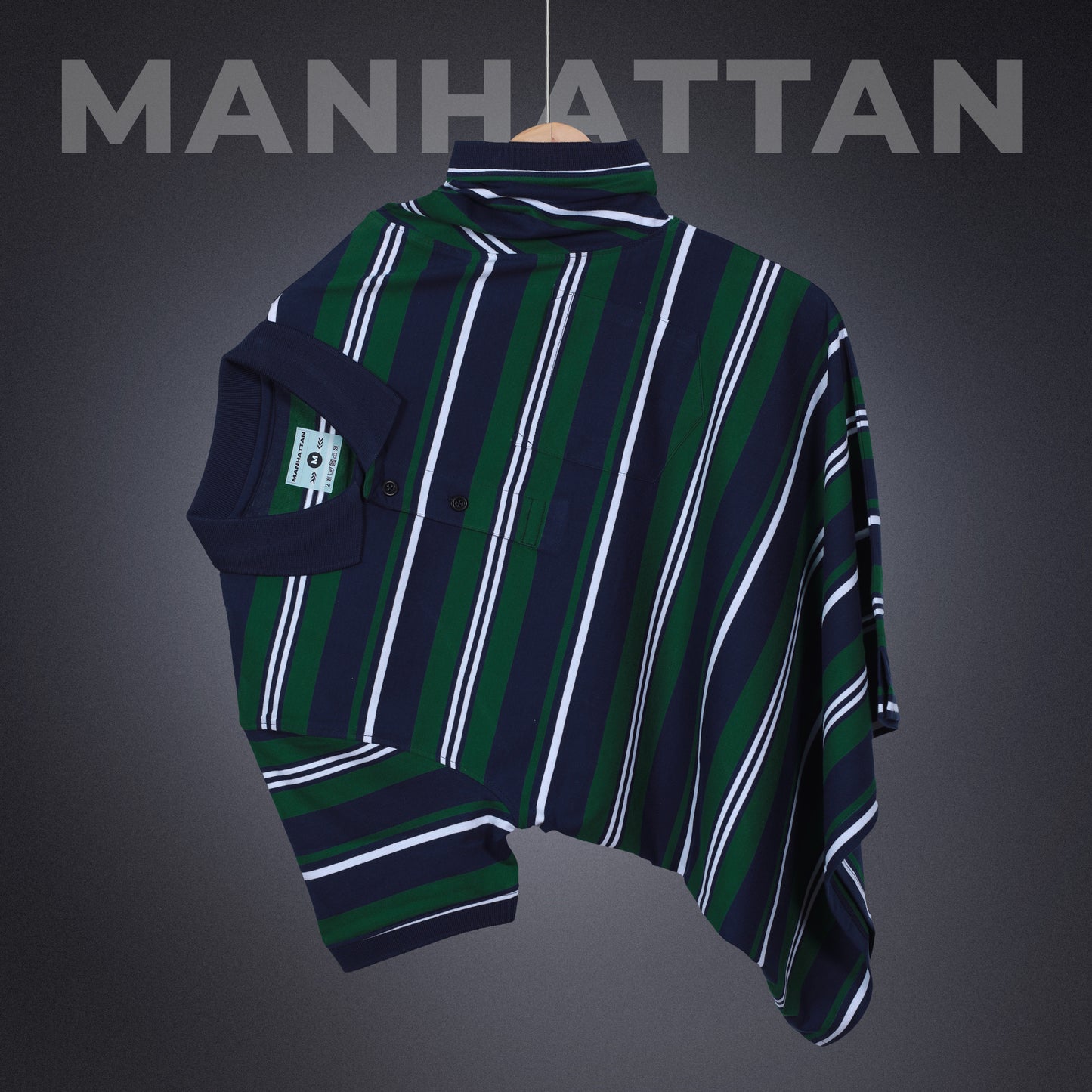 Pure Cotton Multi Stripes Polo Pocket (Navy/Green/White Stripes)