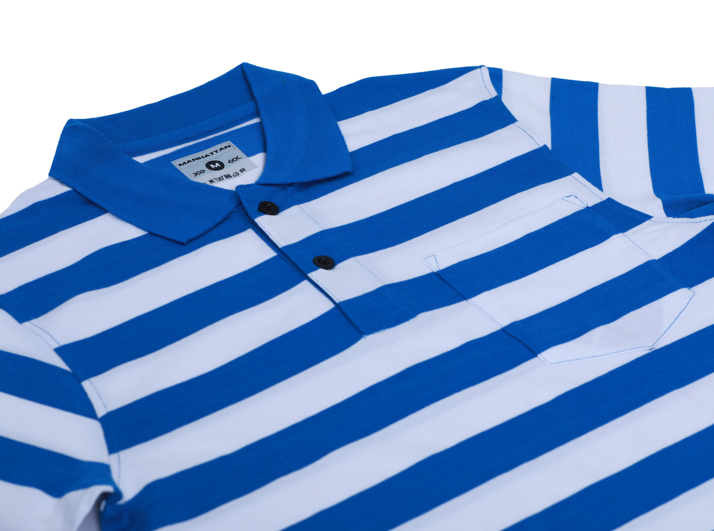 Pure Cotton Small Stripes Polo Pocket (White/Blue Stripes)