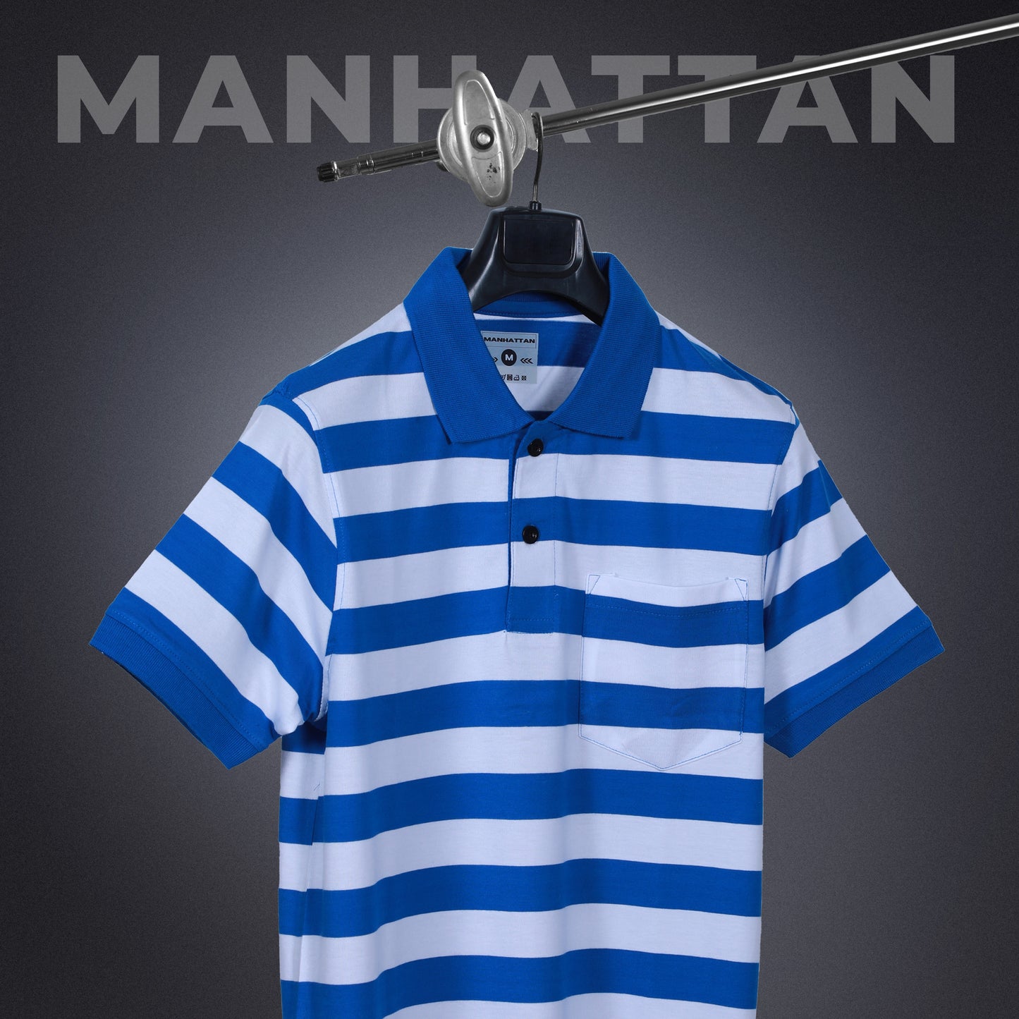 Pure Cotton Small Stripes Polo Pocket (White/Blue Stripes)