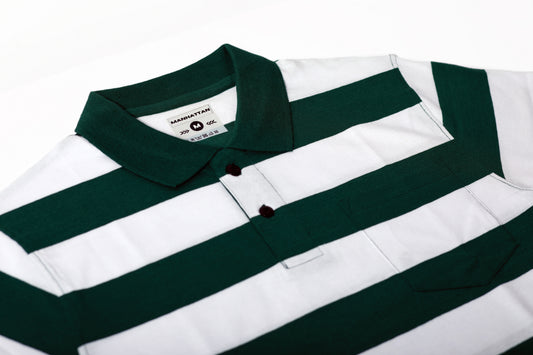 Pure Cotton Striped Polo Pocket (Green/White Stripes)