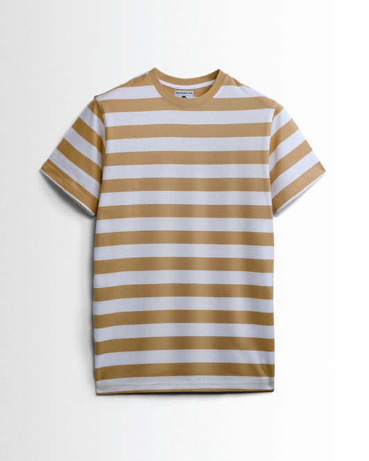 Round Neck Striped Pure Cotton T-Shirts (White/ Beach)