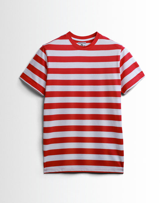 Round Neck Striped Pure Cotton T-Shirts (White/ Red)