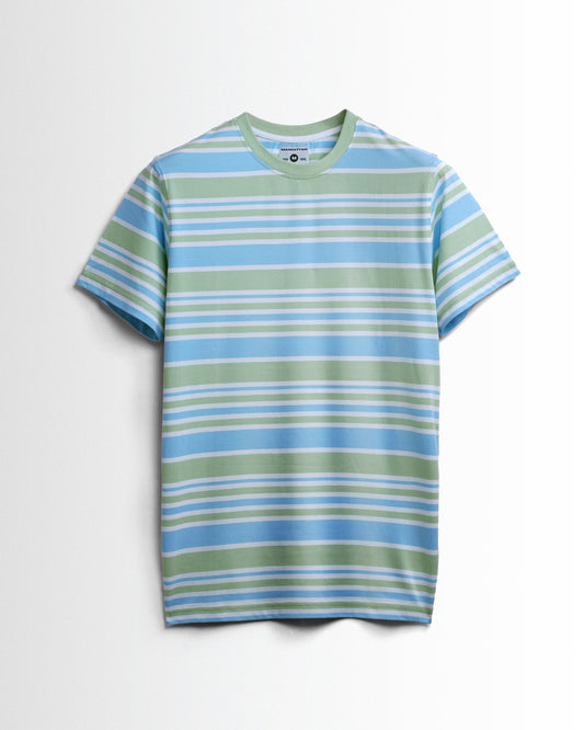 Round Neck Striped Pure Cotton T-Shirts (Green/Blue/White)