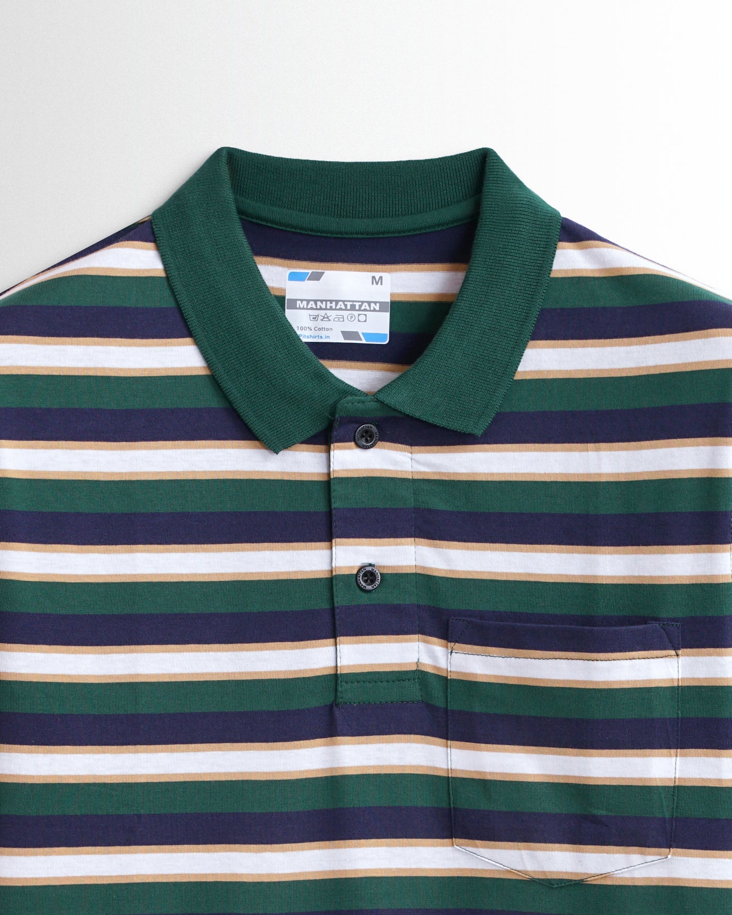 Premium Cotton Multi Striped Polo Pocket (Green/Navy/Beach Stripes)