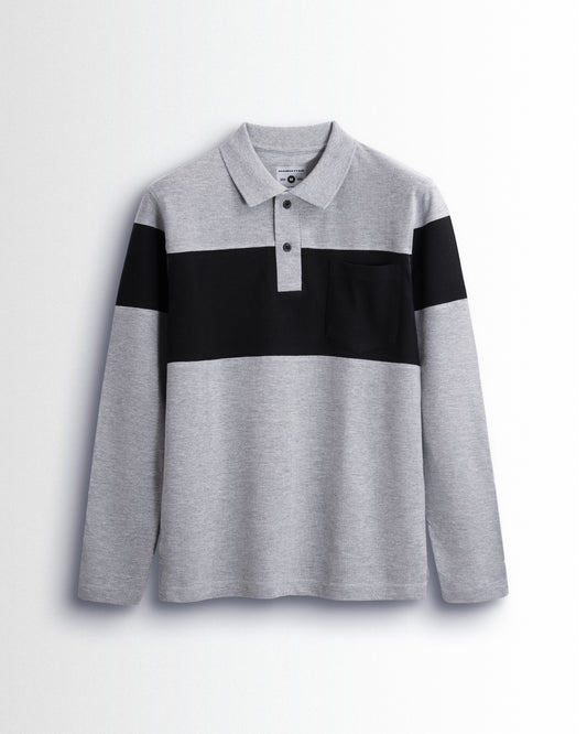 Cotton Polo Full Sleeve Pocket (Sliver Grey/Black) Cut & Sew