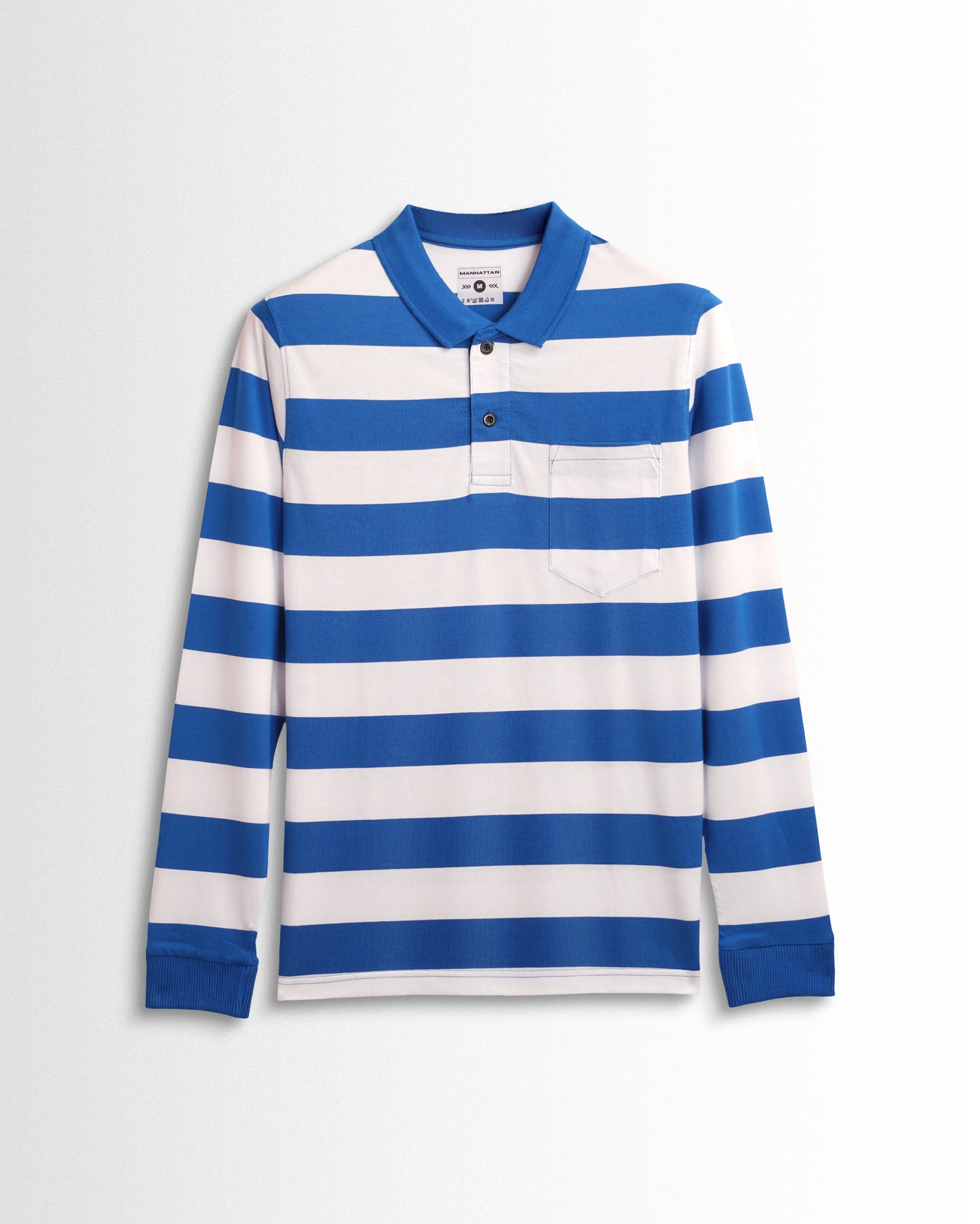 Premium Cotton Striped Polo Pocket (White/Blue Stripes) Full Sleeve