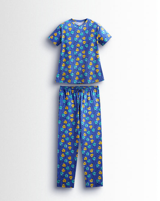 Women's Co ord set Blue Yellow Flower