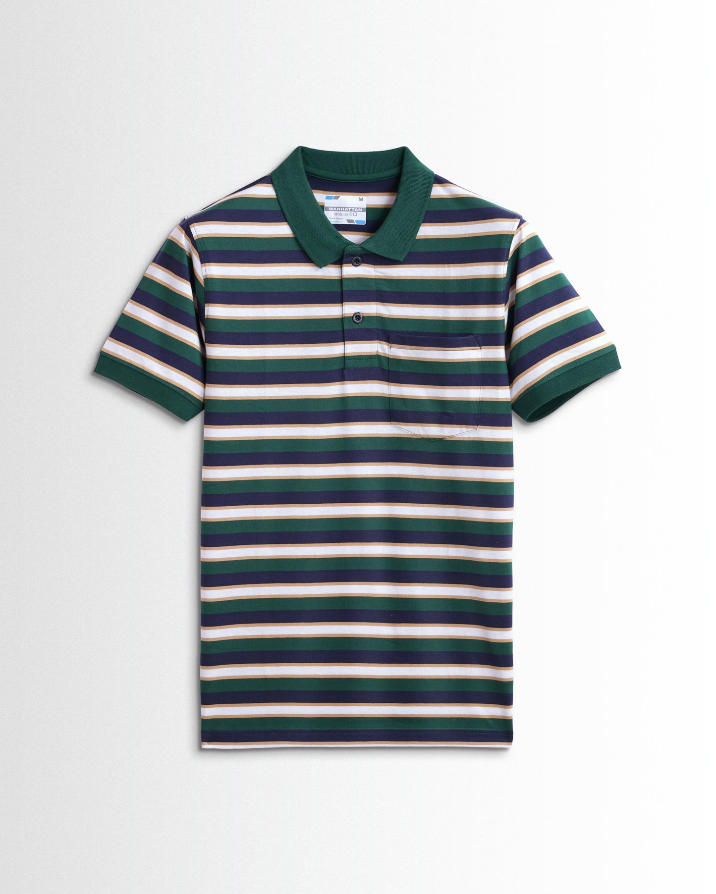 Premium Cotton Multi Striped Polo Pocket (Green/Navy/Beach Stripes)