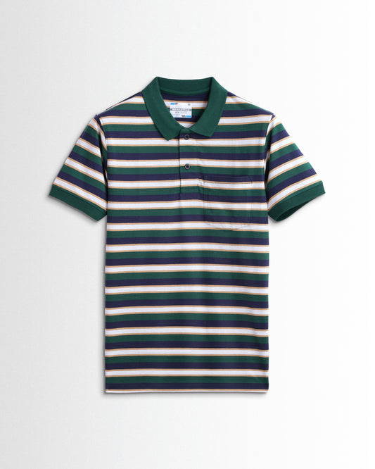 Premium Cotton Multi Striped Polo Pocket (Green/Navy/Beach Stripes)