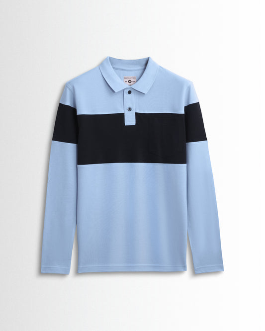 Cotton Polo Full Sleeve Pocket (Sky Blue/Black) Cut & Sew