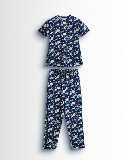 Women's Co ord set Navy White Flower
