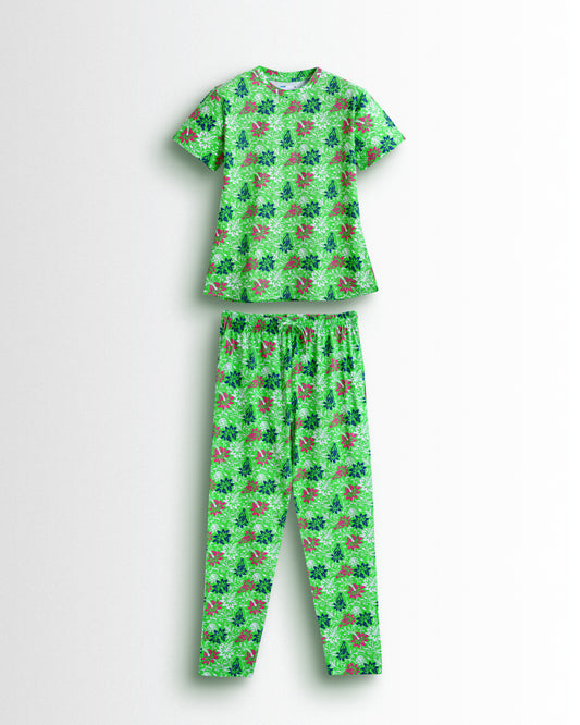 Women's Co ord set Green Pink Flower