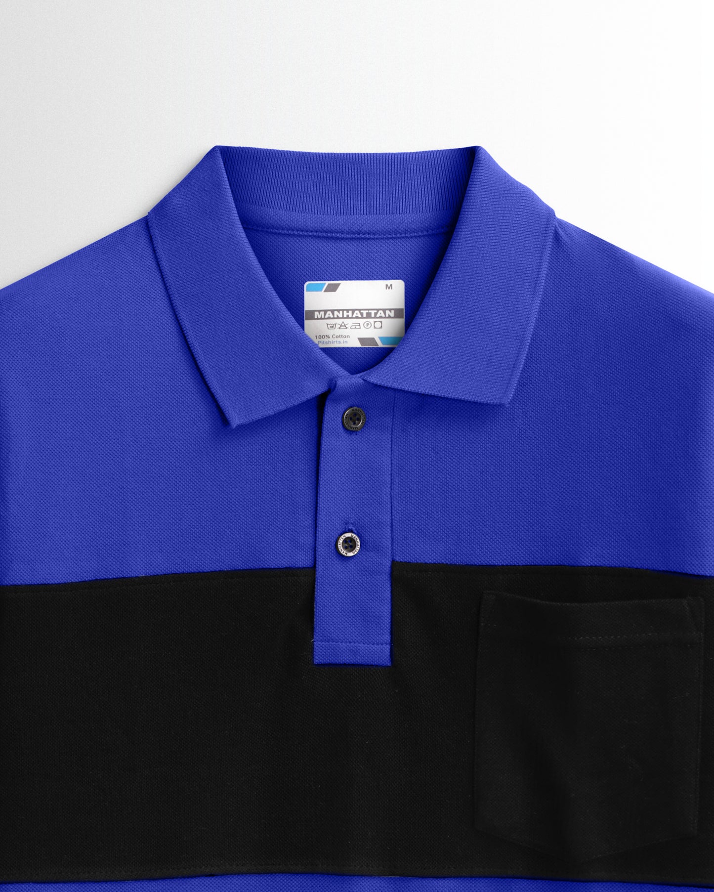 Pure Cotton Polo Pocket T shirts (Azure Blue/Black) Cut & Sew