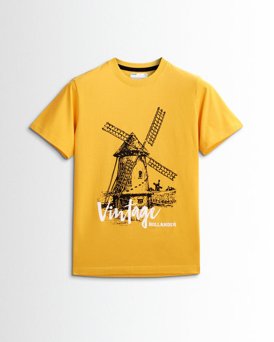 Round Neck Mustard Yellow Printed