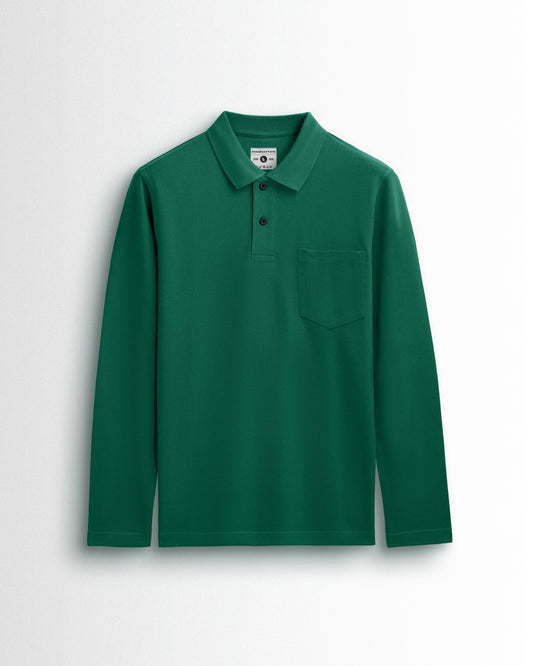 Cotton Polo Full Sleeve Unisex Forest Green Pocket
