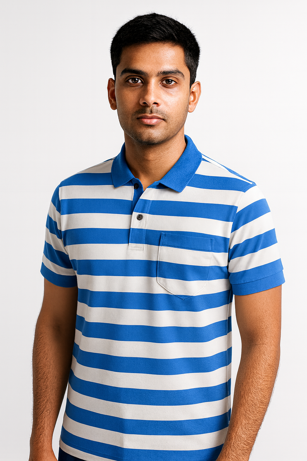 Premium Cotton Small Striped Polo Pocket (White/Blue Stripes)