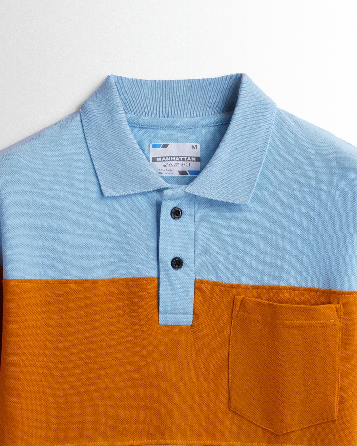 Pure Cotton Polo Pocket T shirts (Sky Blue/Mustard) Cut & Sew