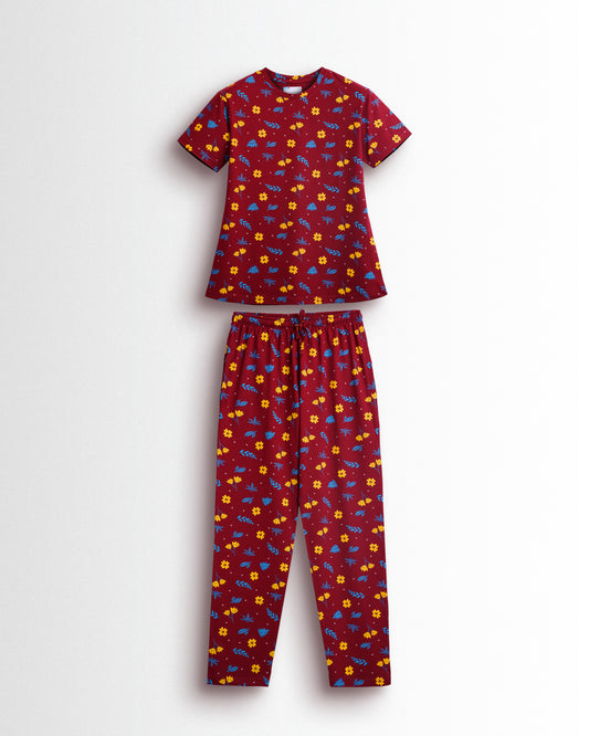 Women's Co ord set Maroon Yellow Flower