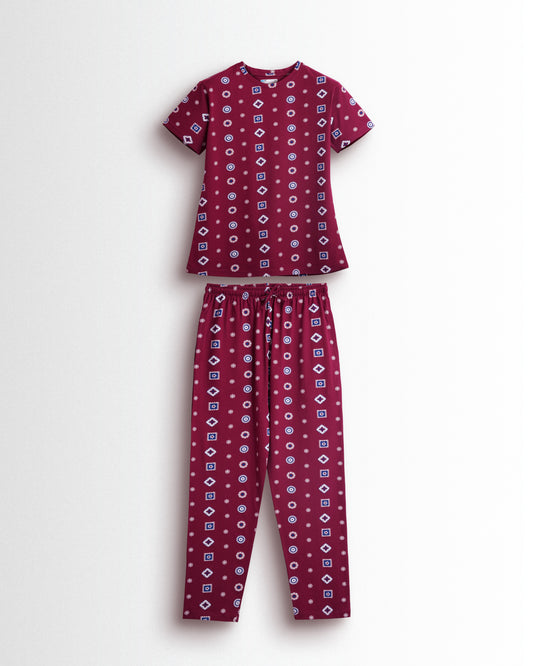 Women's Co ord set Maroon White Flower