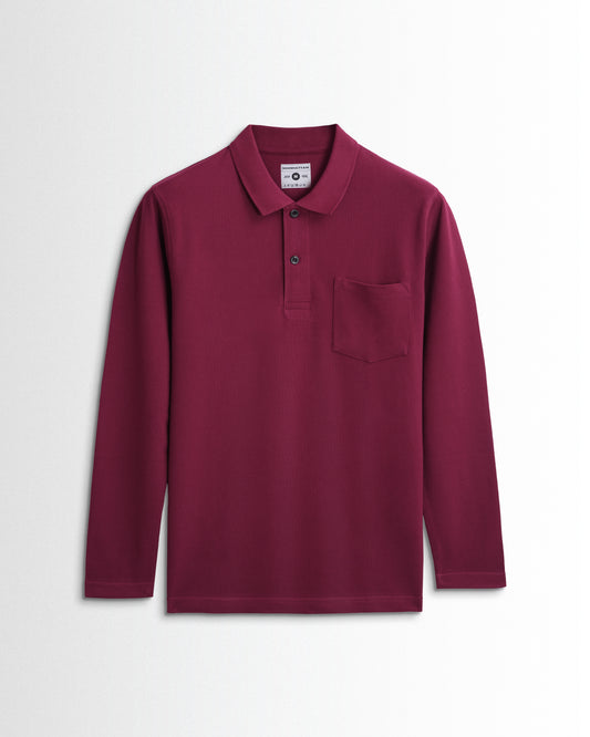 Cotton Polo Full Sleeve Unisex Burgundy Pocket