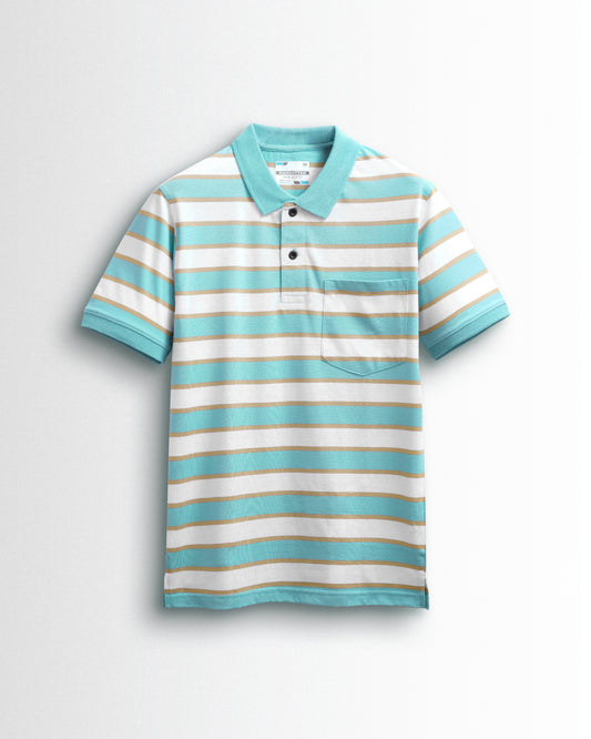 Premium Cotton Multi Striped Polo Pocket (Sky Blue/Beach/White Stripes)