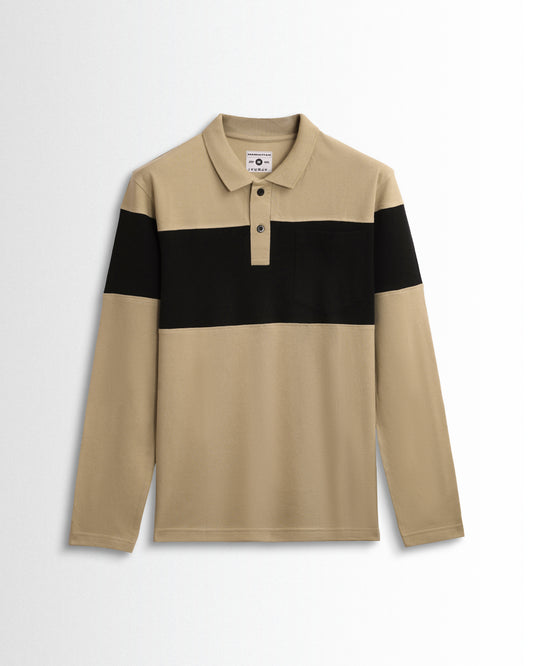 Cotton Polo Full Sleeve Pocket (Beach/Black) Cut & Sew