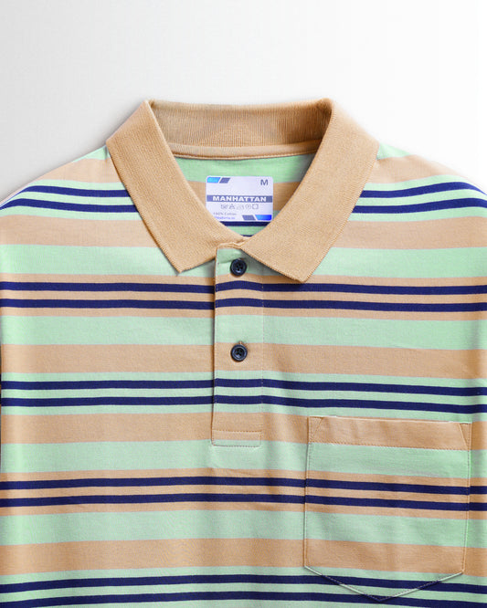 Premium Cotton Multi Striped Polo Pocket (Beach/Smoke Green/Navy Stripes)