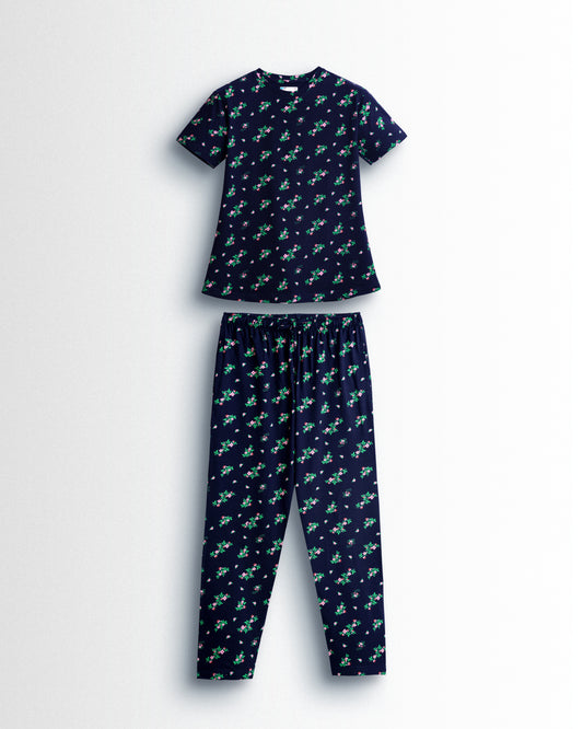 Women's Co ord set Navy Green Flower