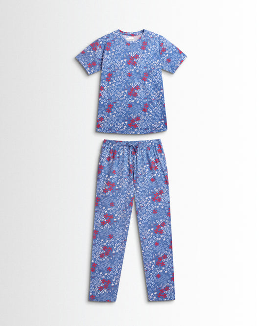 Women's Co ord set Blue White Flower