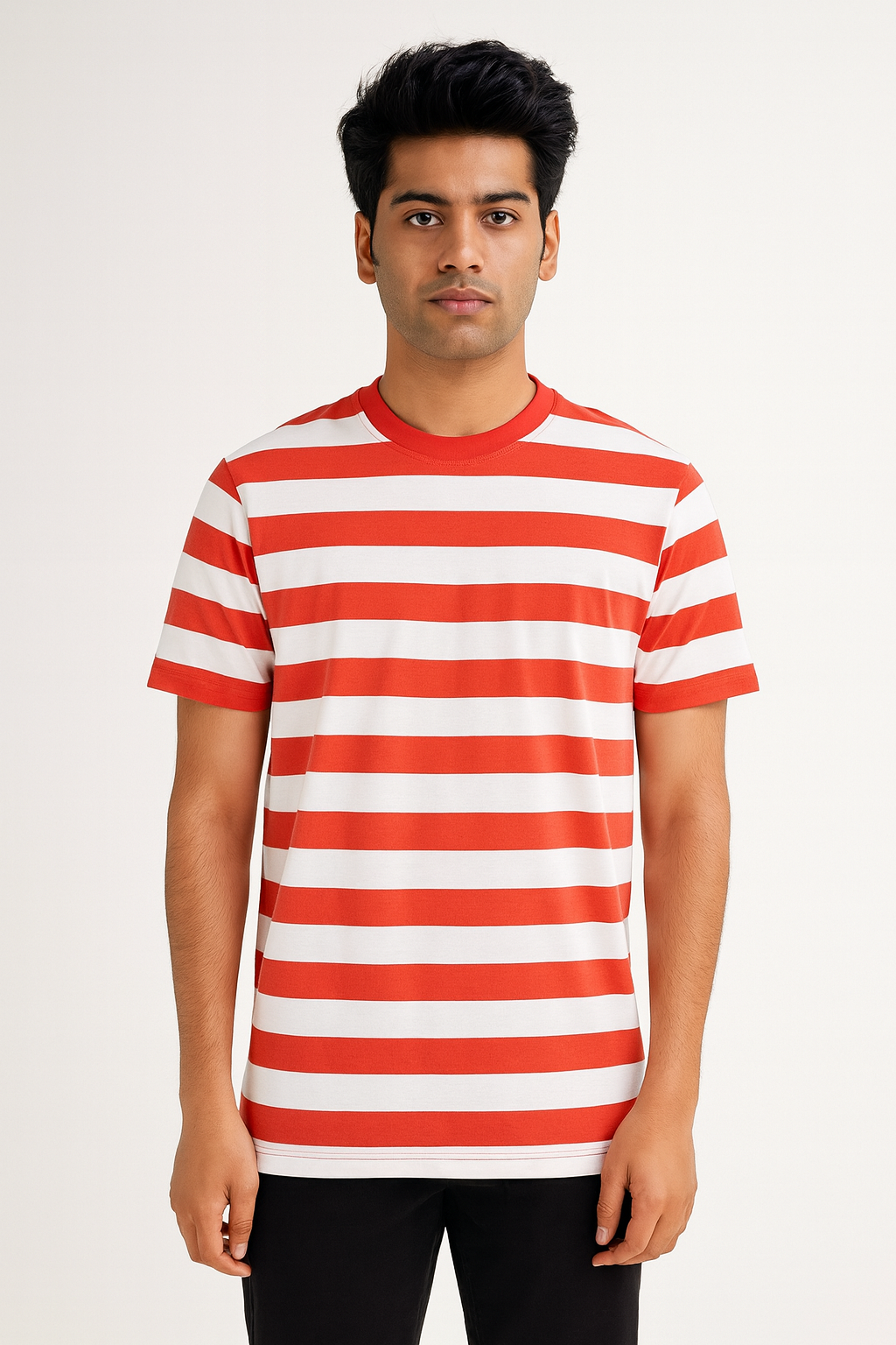 Premium Yarn Striped Cotton T-Shirts (White/ Red)