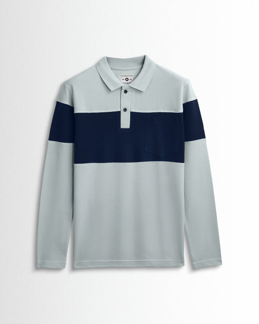 Cotton Polo Full Sleeve Pocket (Pearl Grey/Navy) Cut & Sew
