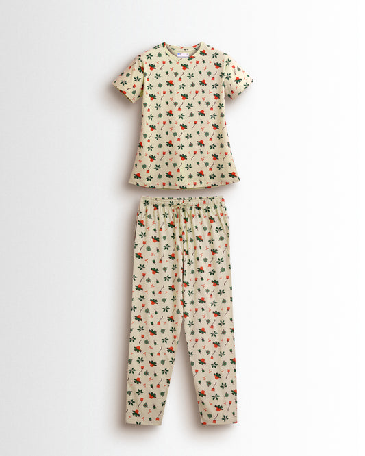 Women's Co ord set Beige Green Flower