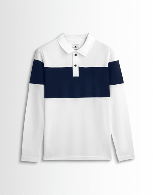 Cotton Polo Full Sleeve Pocket (White/Navy) Cut & Sew