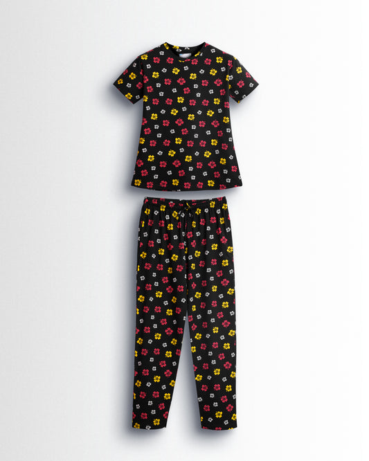 Women's Co ord set Black Yellow Flower