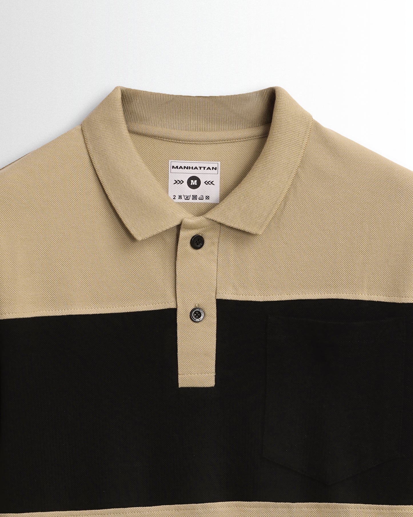 Cotton Polo Full Sleeve Pocket (Beach/Black) Cut & Sew