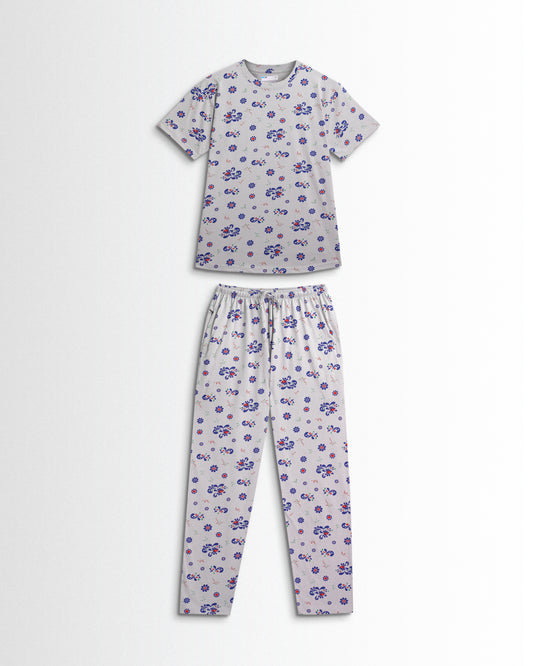 Women's Co ord set Grey Blue Flower